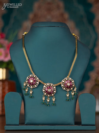 Attigai necklace with ruby & kundan cz stones and pearl & green beads hangings