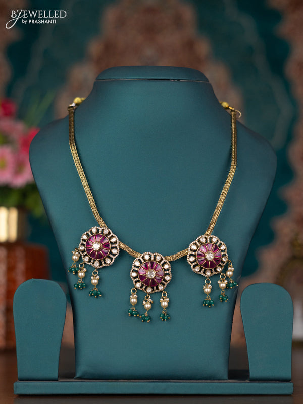 Attigai necklace with ruby & kundan cz stones and pearl & green beads hangings