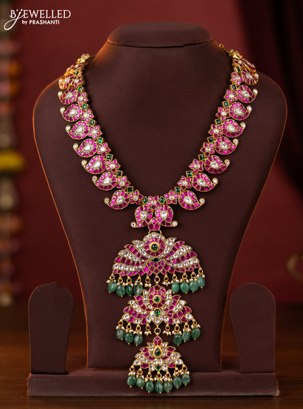Jadau maanga haaram with three layer jadau kundan stones pendant and beads hangings