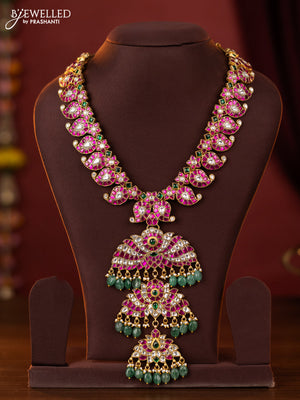 Jadau maanga haaram with three layer jadau kundan stones pendant and beads hangings