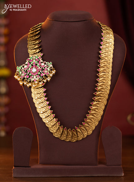 Jadau lakshmi kaasu design haaram with jadau kundan double peacock mugappu pendant