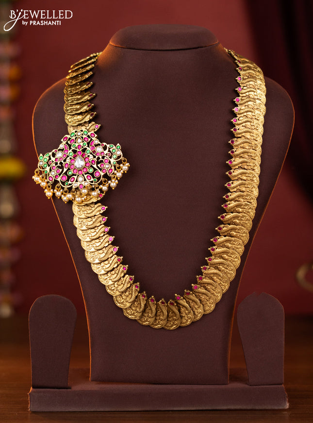 Jadau lakshmi kaasu design haaram with jadau kundan double peacock mugappu pendant