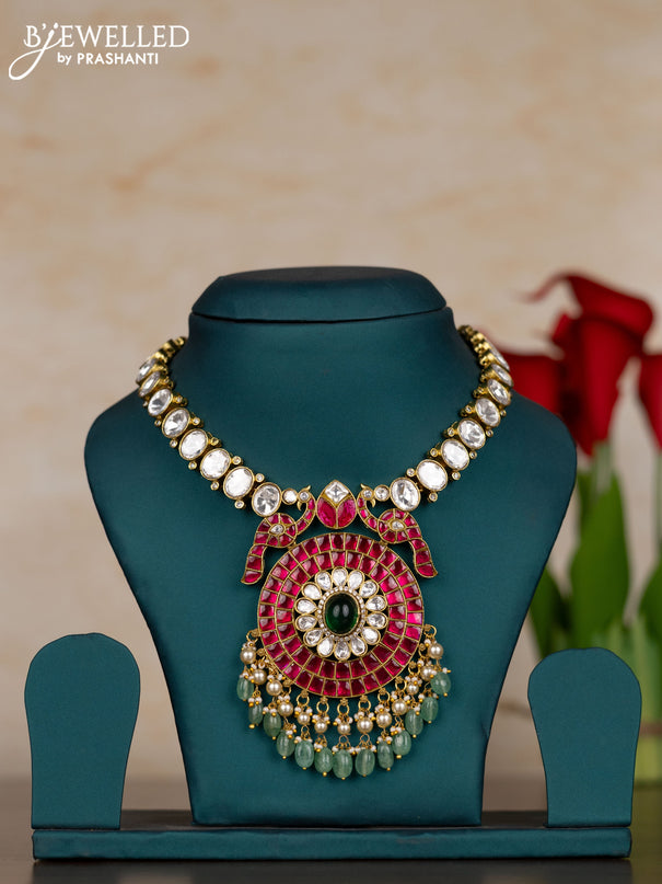 Jadau necklace with jadau kundan stones and pearl & mint green beads hangings