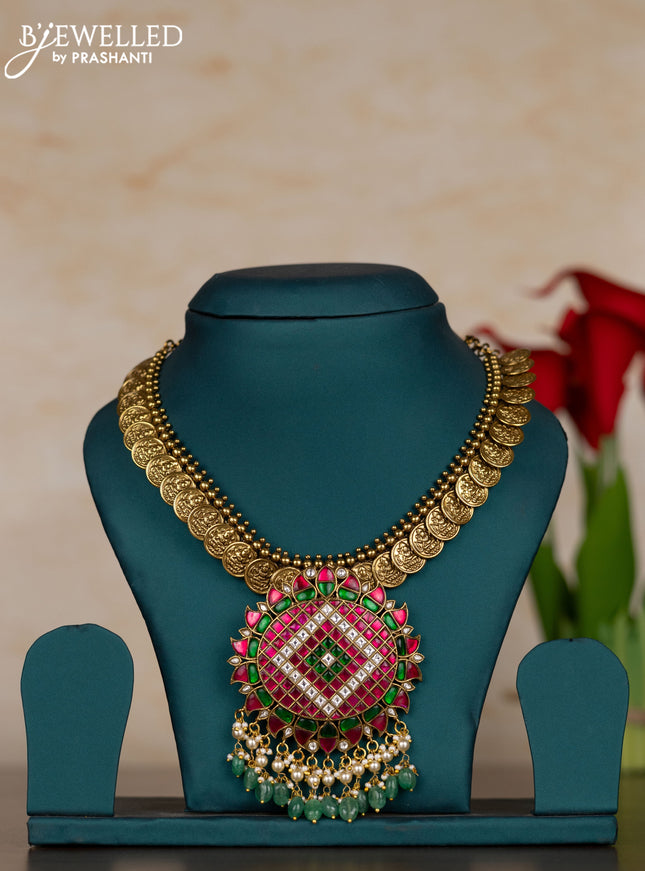 Jadau necklace with kemp jadau kundan stones and pearl & mint green beads hangings