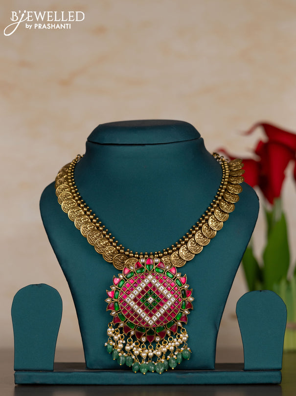Jadau necklace with kemp jadau kundan stones and pearl & mint green beads hangings