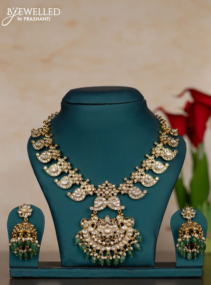 Jadau necklace manga pattern with kundan stones and pearl & mint green beads hangings