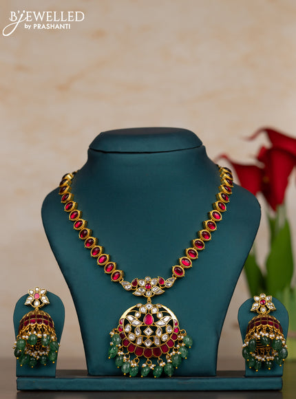 Jadau necklace with pink jadau kundan stones and pearl & mint green beads hangings