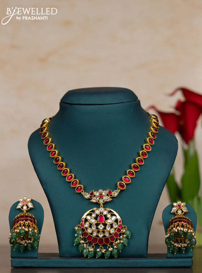 Jadau necklace with pink jadau kundan stones and pearl & mint green beads hangings