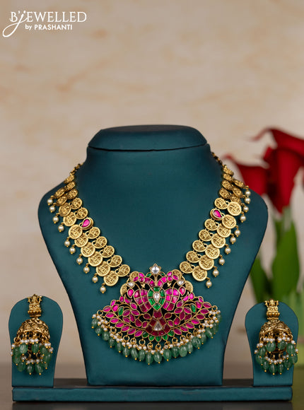 Jadau necklace lakshmi kasu design with kemp jadau kundan stones and pearl & mint green beads hangings
