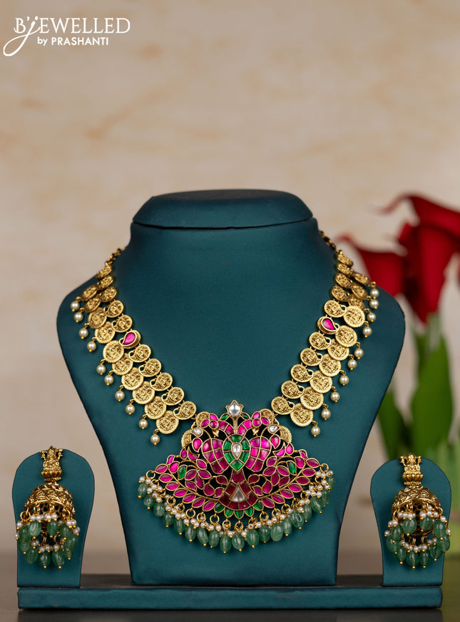 Jadau necklace lakshmi kasu design with kemp jadau kundan stones and pearl & mint green beads hangings