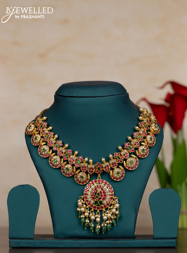 Jadau necklace with kemp jadau kundan stones and pearl & green beads hangings
