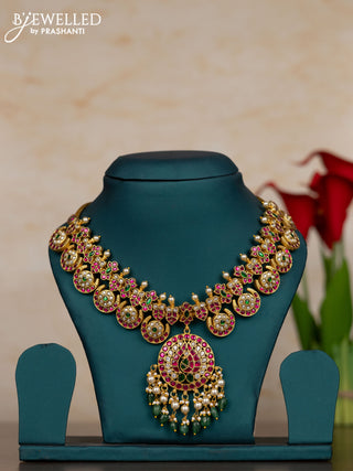 Jadau necklace with kemp jadau kundan stones and pearl & green beads hangings