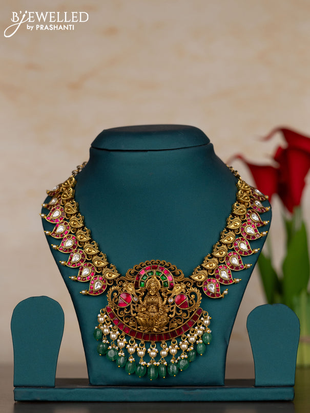 Jadau necklace lakshmi & manga pattern with kemp jadau kundan stones and pearl & mint green beads hangings