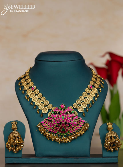 Jadau necklace lakshmi & manga pattern with kemp jadau stones and pearl & golden beads hangings