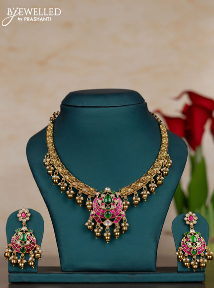 Jadau necklace with kemp jadau kundan stones and pearl & golden beads hangings