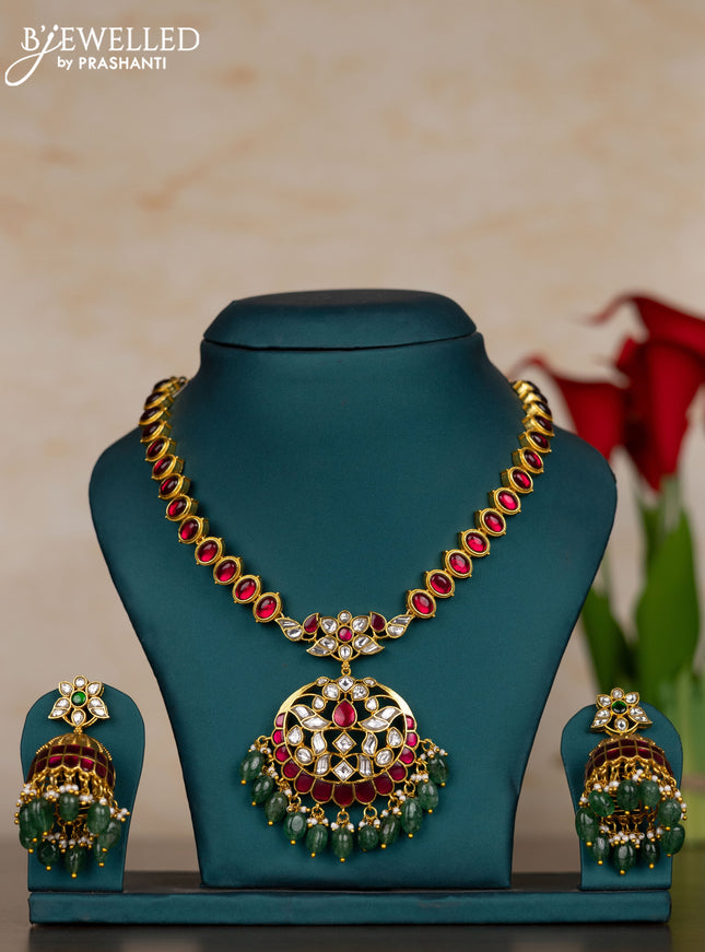 Jadau necklace with pink jadau kundan stones and pearl & green beads hangings