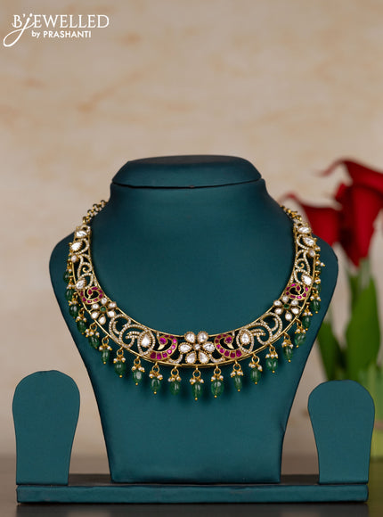 Jadau necklace with pink jadau kundan stones and pearl & mint green beads hangings