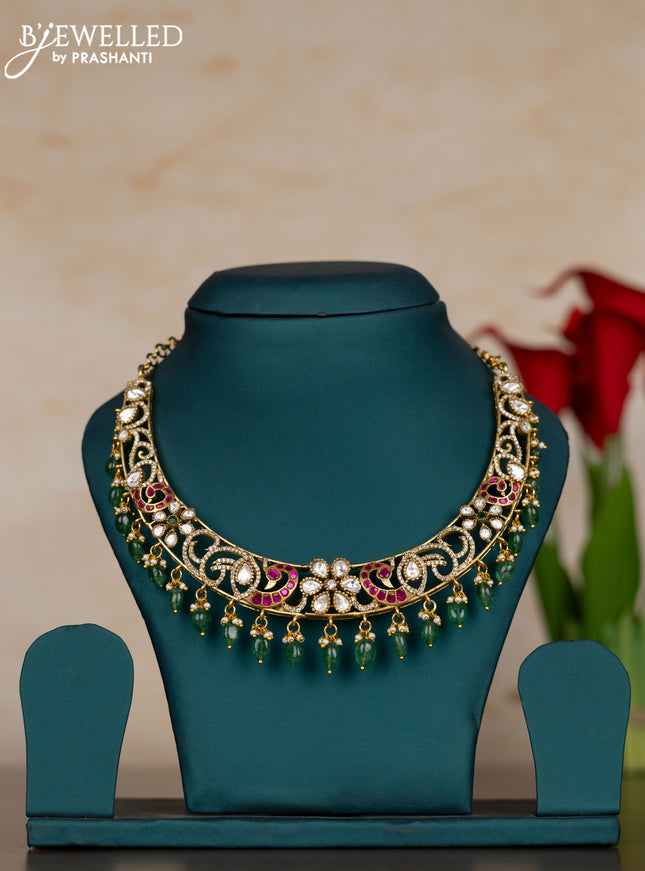 Jadau necklace with pink jadau kundan stones and pearl & mint green beads hangings