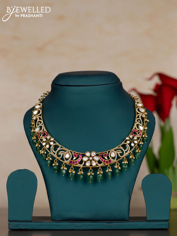 Jadau necklace with pink jadau kundan stones and pearl & mint green beads hangings