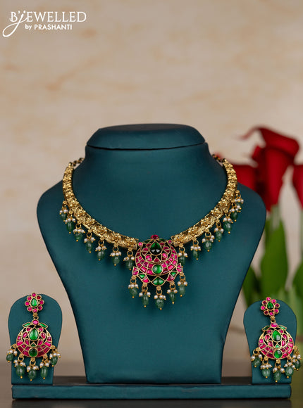Jadau necklace with kemp jadau stones and pearl & green beads hangings