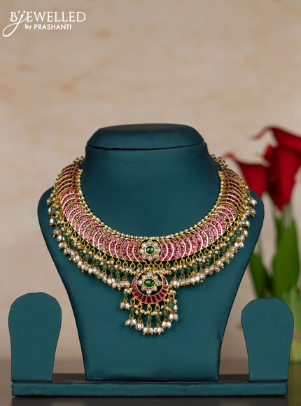 Jadau necklace chandbali design with kemp jadau kundan stones and pearl & mint green beads hangings