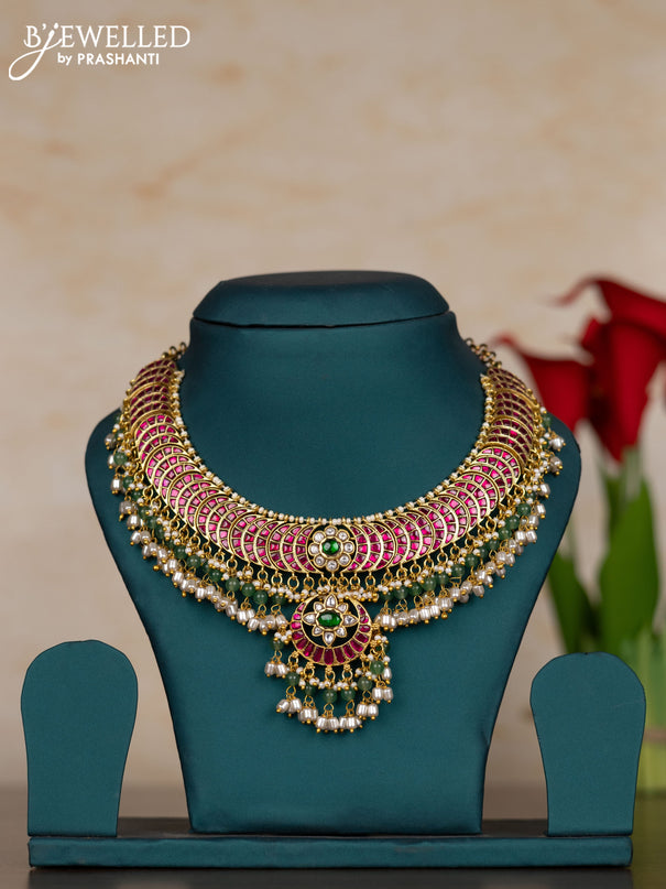 Jadau necklace chandbali design with kemp jadau kundan stones and pearl & mint green beads hangings