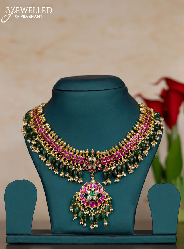 Jadau necklace with kemp jadau kundan stones and pearl & green beads hangings