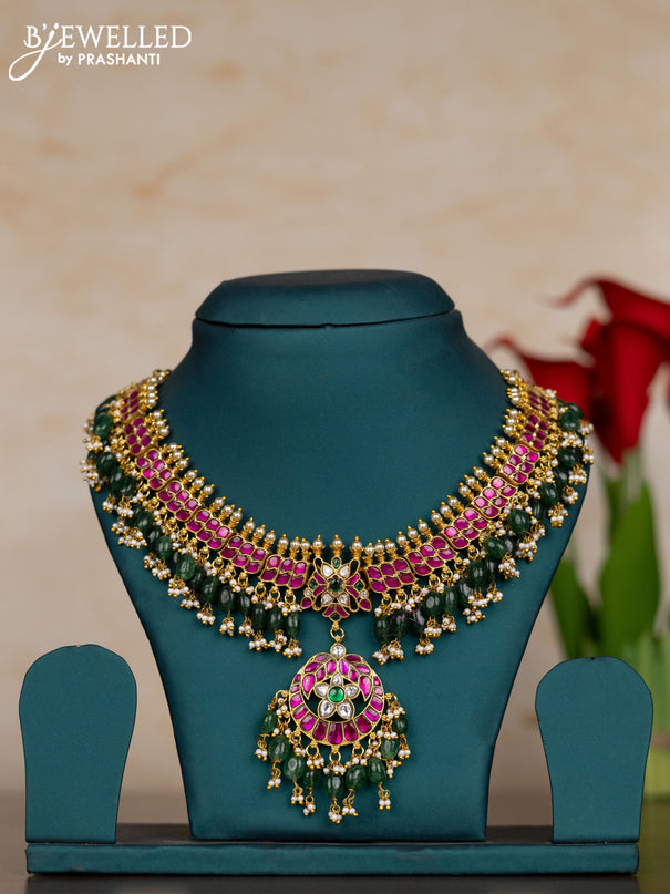 Jadau necklace with kemp jadau kundan stones and pearl & green beads hangings