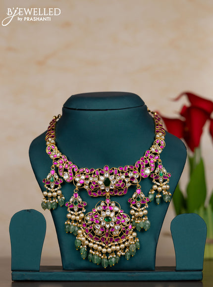 Jadau necklace with kemp jadau kundan stones and pearl & mint green beads hangings
