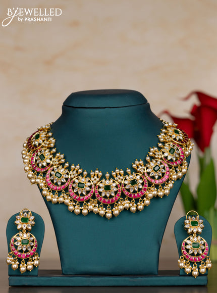 Jadau necklace chandbali design with kemp jadau kundan stones and pearl hangings
