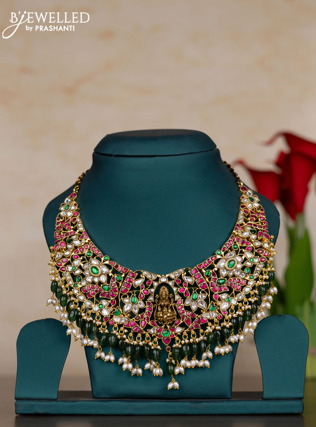 Jadau necklace lakshmi design with kemp jadau kundan stones and pearl & green beads hangings