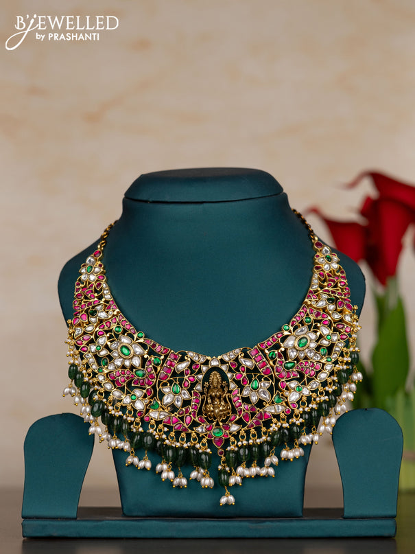 Jadau necklace lakshmi design with kemp jadau kundan stones and pearl & green beads hangings