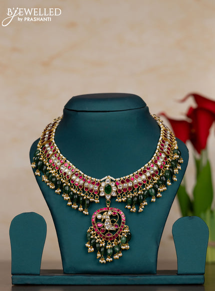Jadau necklace with kemp jadau kundan stones and pearl & green beads hangings