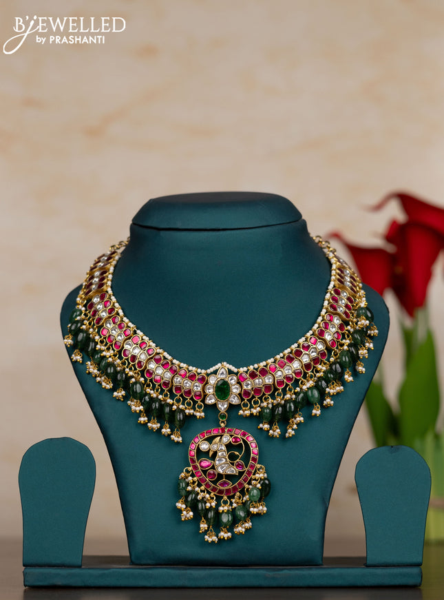 Jadau necklace with kemp jadau kundan stones and pearl & green beads hangings
