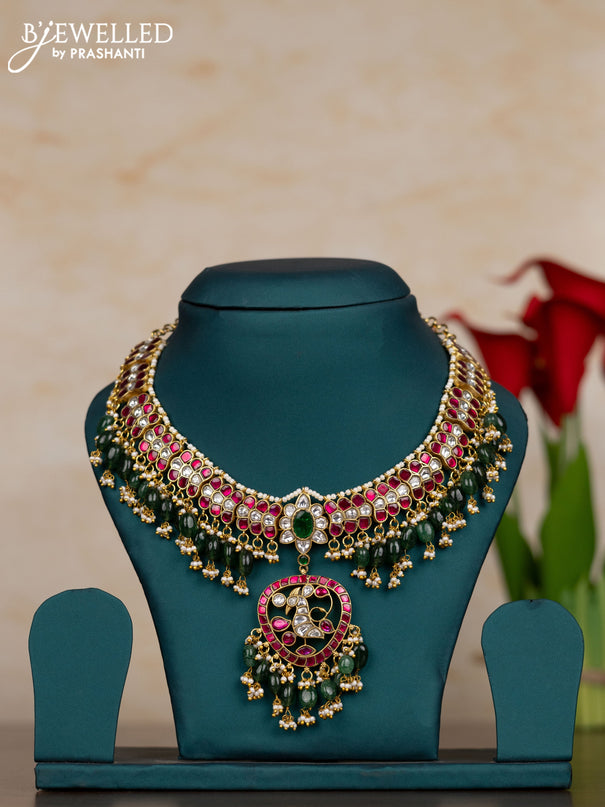 Jadau necklace with kemp jadau kundan stones and pearl & green beads hangings