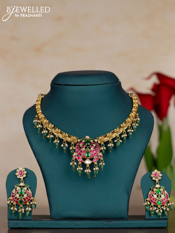 Jadau necklace with kemp jadau kundan stones and pearl & mint green beads hangings