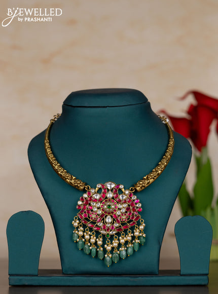 Jadau necklace with kemp jadau kundan stones and pearl & mint green beads hangings