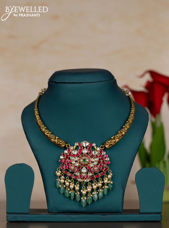 Jadau necklace with kemp jadau kundan stones and pearl & mint green beads hangings
