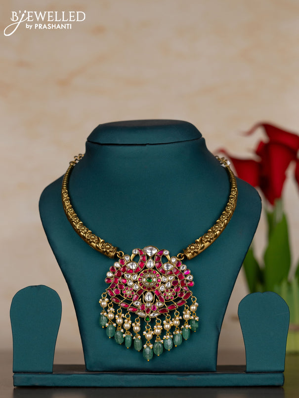 Jadau necklace with kemp jadau kundan stones and pearl & mint green beads hangings