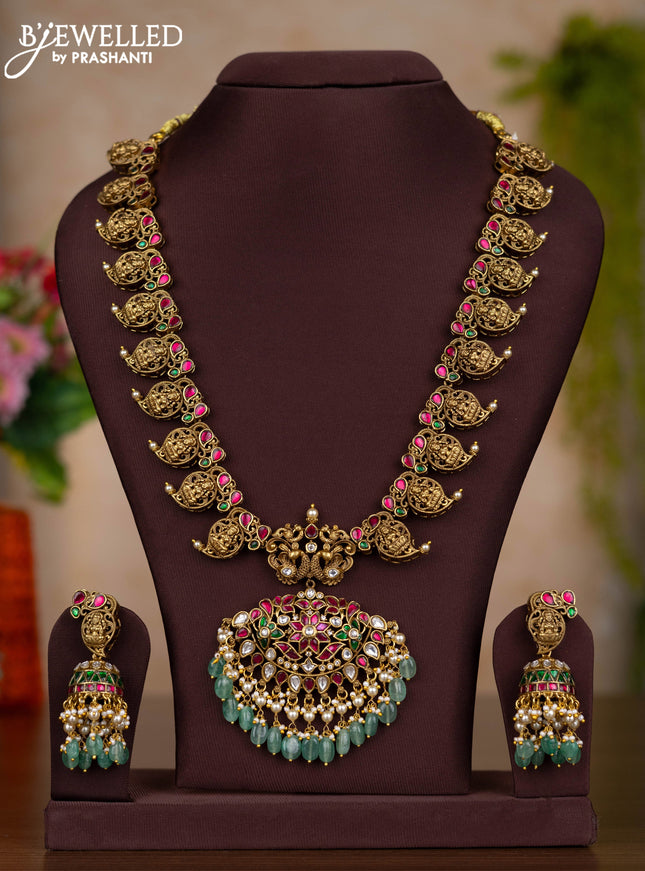 Jadau haaram lakshmi & manga pattern with kemp jadau kundan stones and pearl & green beads hangings