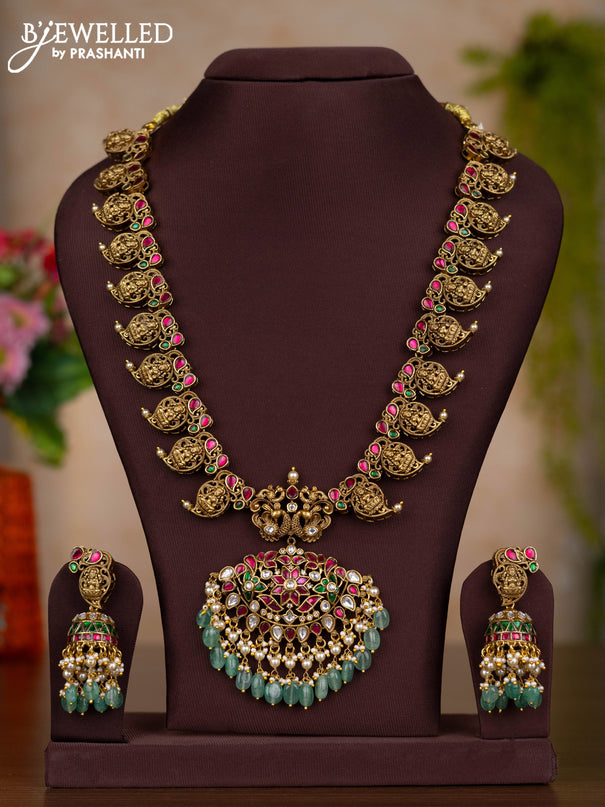 Jadau haaram lakshmi & manga pattern with kemp jadau kundan stones and pearl & green beads hangings