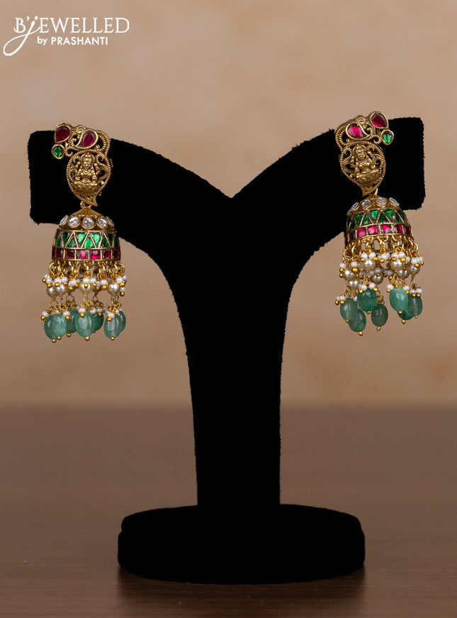 Jadau haaram lakshmi & manga pattern with kemp jadau kundan stones and pearl & green beads hangings