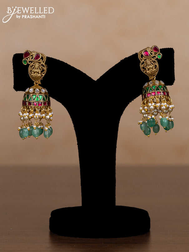 Jadau haaram lakshmi & manga pattern with kemp jadau kundan stones and pearl & green beads hangings