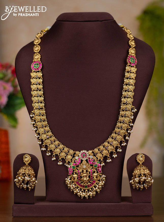 Jadau haaram lakshmi design with kemp jadau kundan stones and pearl & golden beads hangings