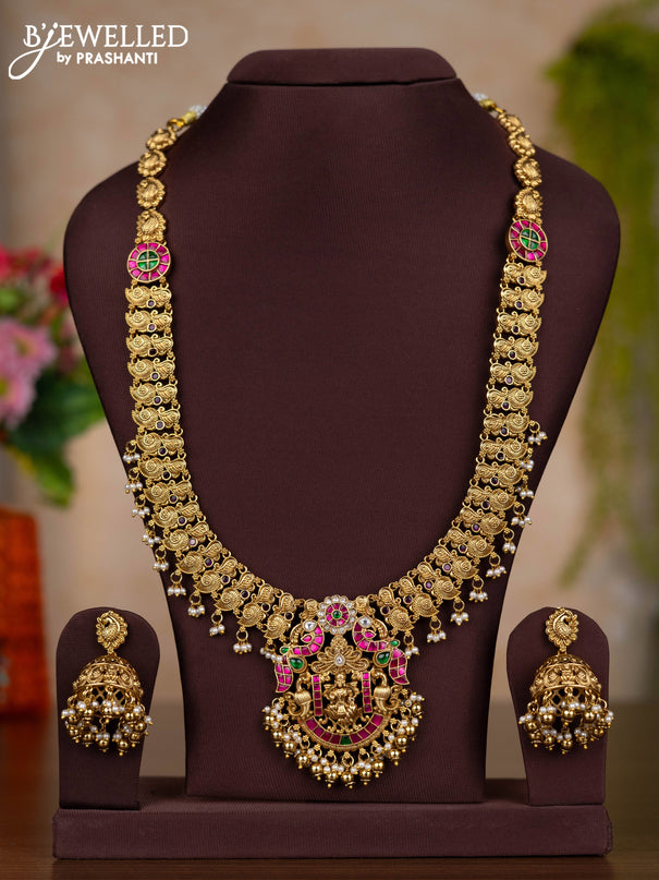 Jadau haaram lakshmi design with kemp jadau kundan stones and pearl & golden beads hangings