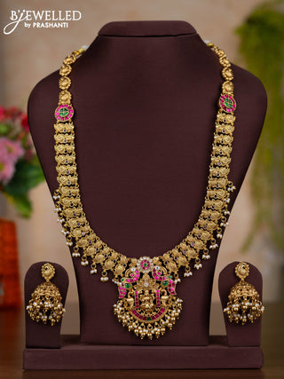 Jadau haaram lakshmi design with kemp jadau kundan stones and pearl & golden beads hangings