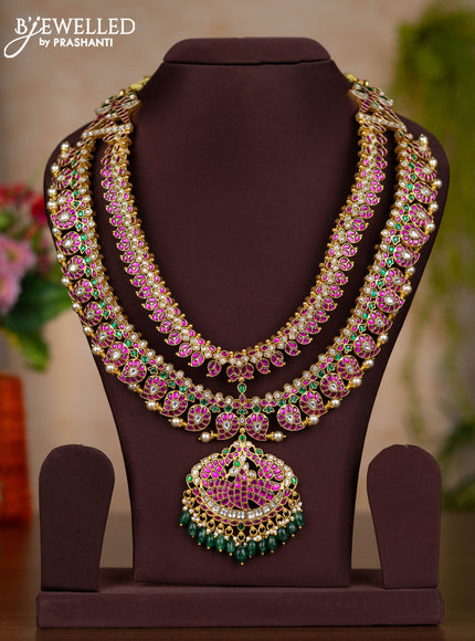 Jadau double layer haaram manga pattern with kemp jadau kundan stones and pearl & green beads hangings
