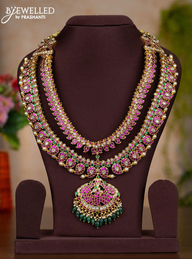 Jadau double layer haaram manga pattern with kemp jadau kundan stones and pearl & green beads hangings