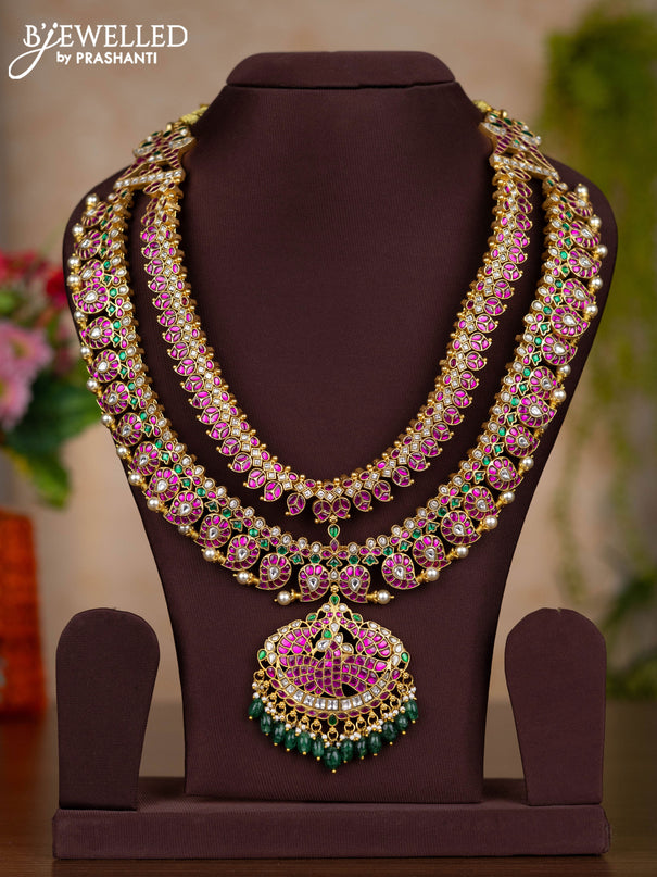 Jadau double layer haaram manga pattern with kemp jadau kundan stones and pearl & green beads hangings
