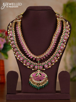 Jadau double layer haaram manga pattern with kemp jadau kundan stones and pearl & green beads hangings